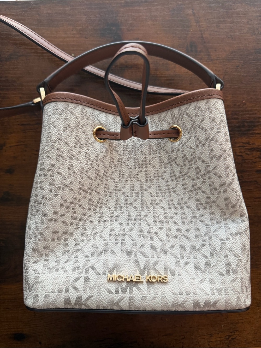 Michael Kors Beige Brown Monogram Drawstring Crossbody Bucket Bag